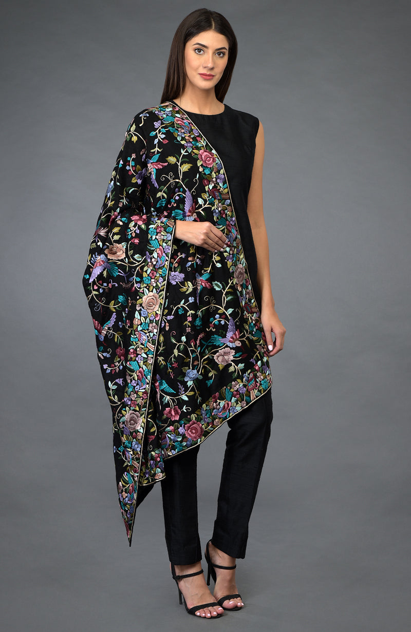 Black Parsi Gara Pure Pashmina Shawl