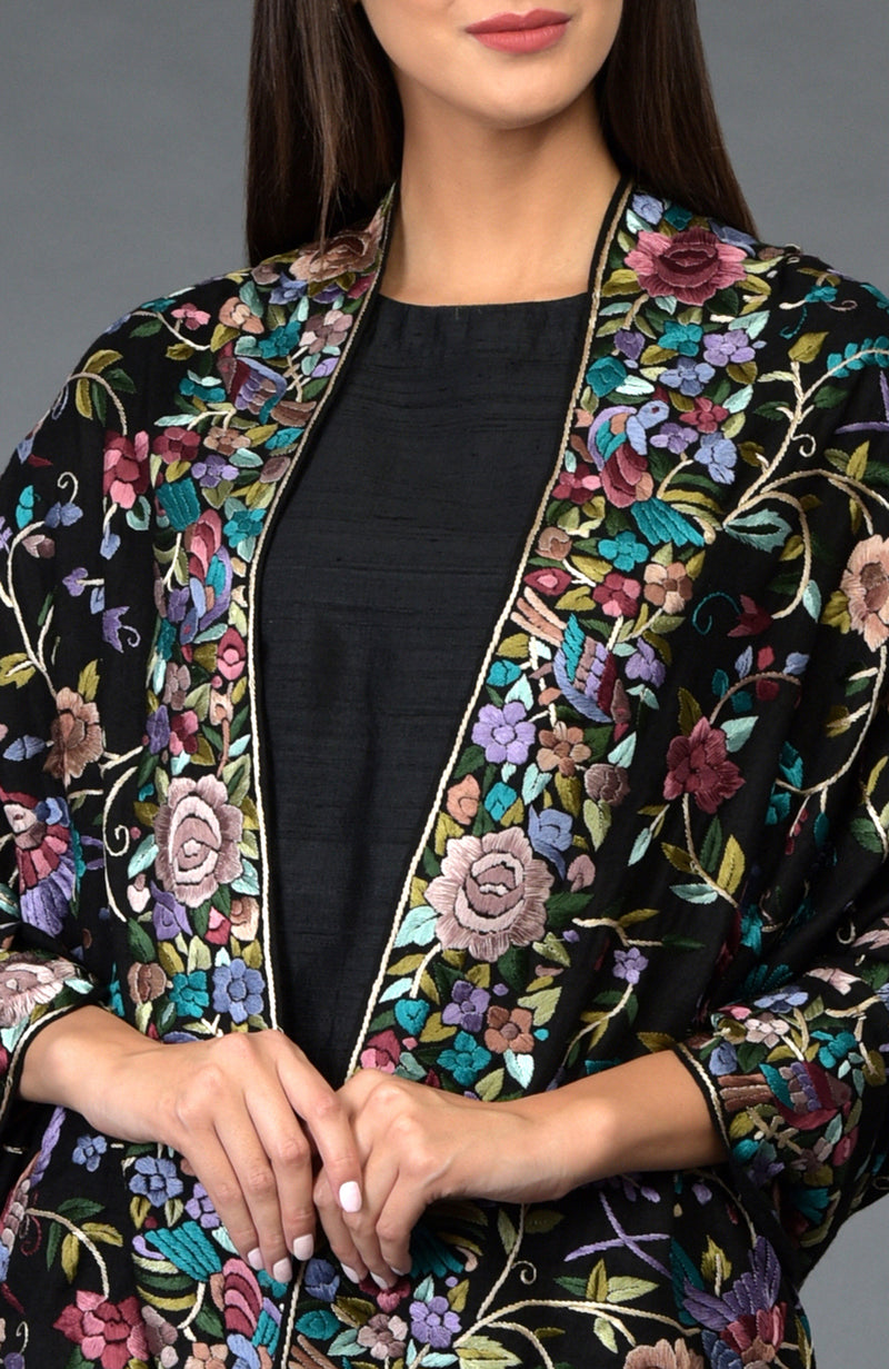 Black Parsi Gara Pure Pashmina Shawl