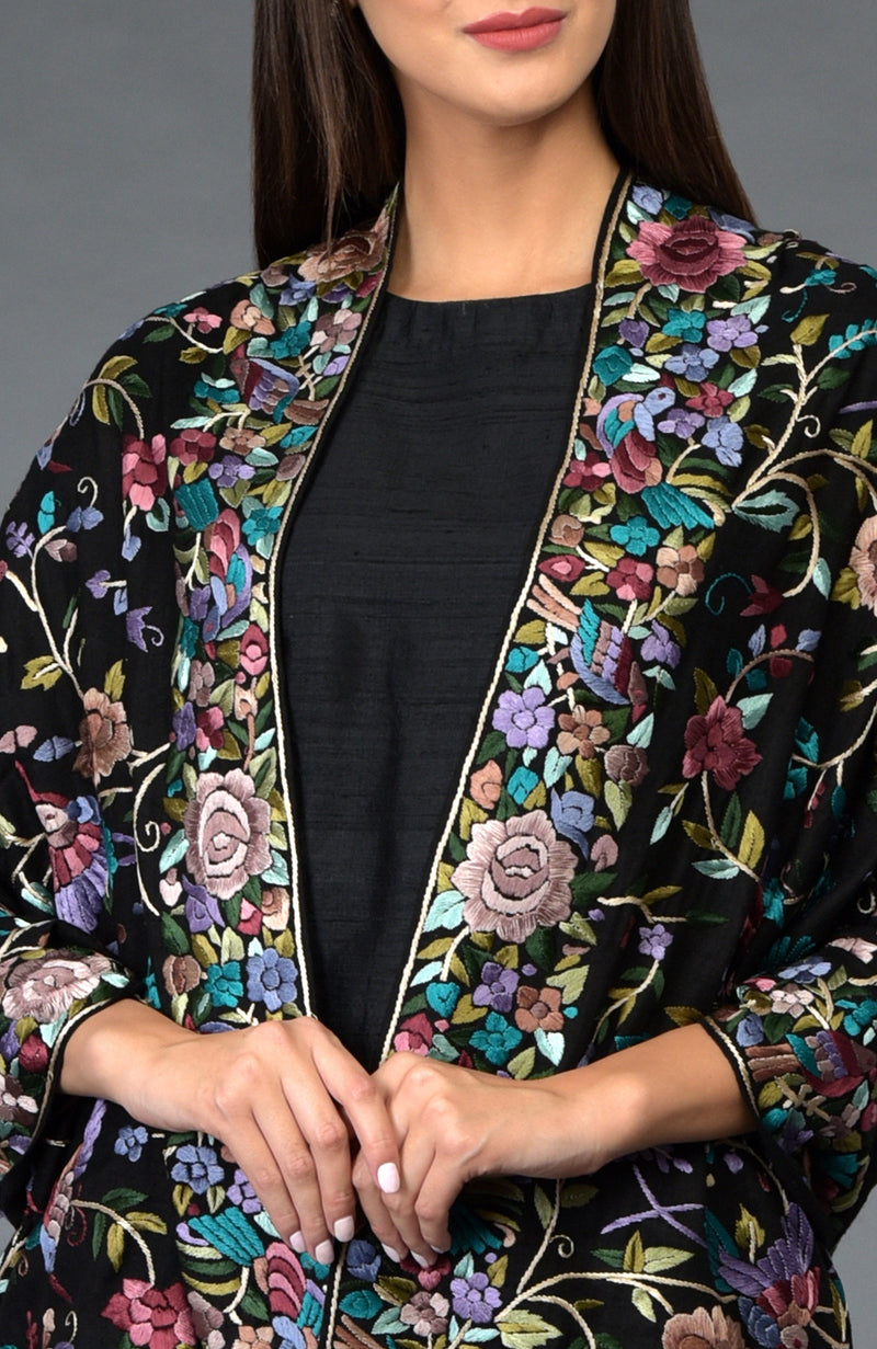 Black Parsi Gara Pure Pashmina Shawl