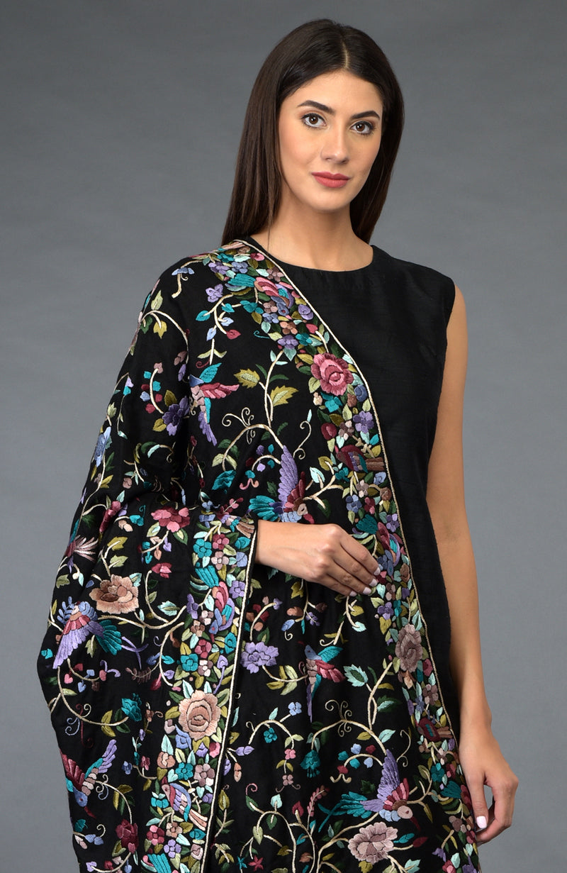 Black Parsi Gara Pure Pashmina Shawl