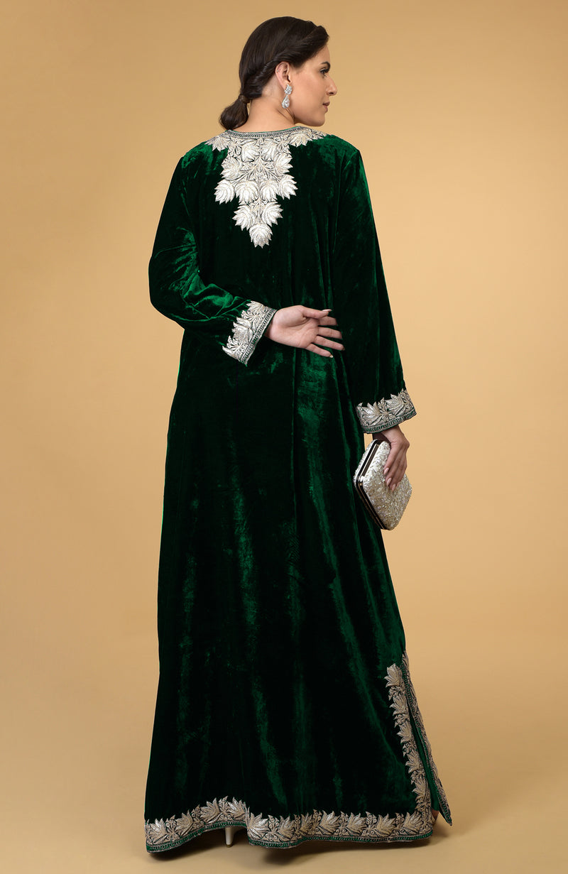 Emerald Green- Silver Kashmir Embroidered Kaftan