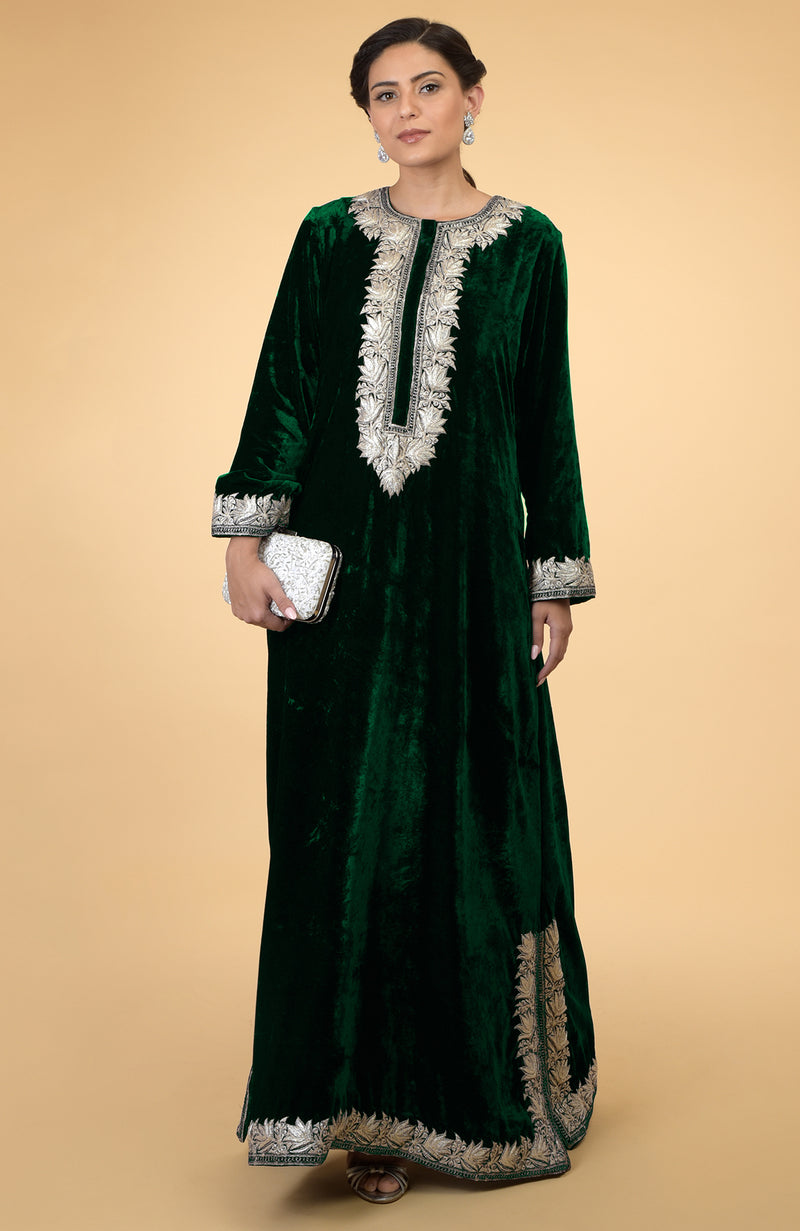 Emerald Green- Silver Kashmir Embroidered Kaftan