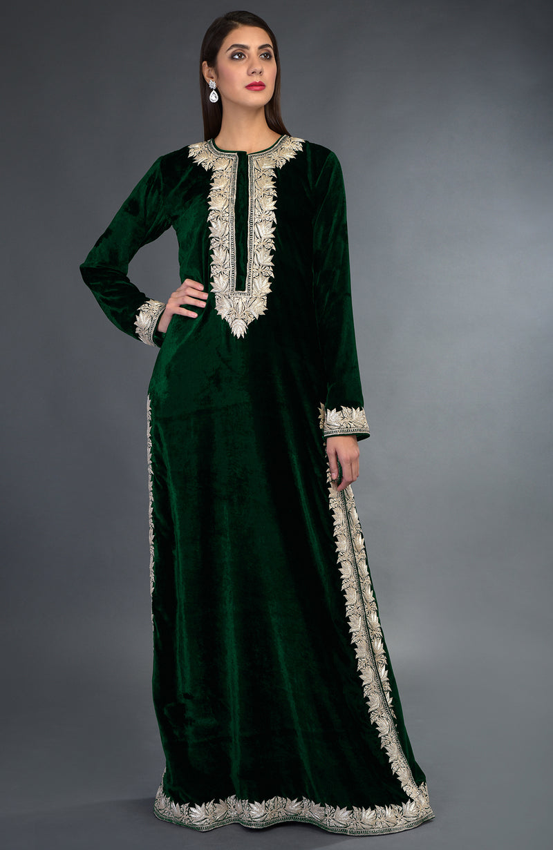 Kashmir Inspired Silver Tilla Embroidered Emerald Green Suit