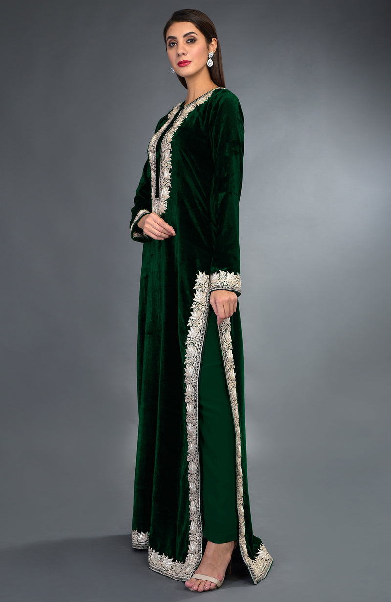 Kashmir Inspired Silver Tilla Embroidered Emerald Green Suit