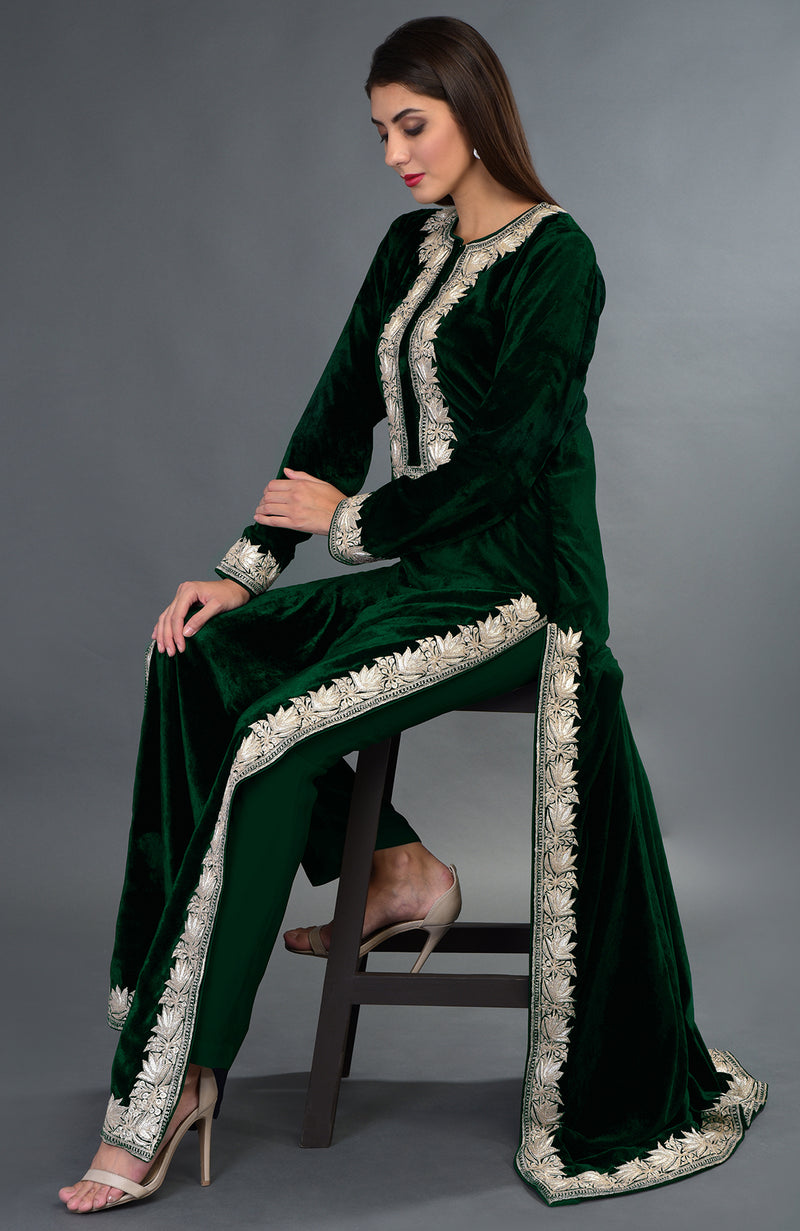Kashmir Inspired Silver Tilla Embroidered Emerald Green Suit