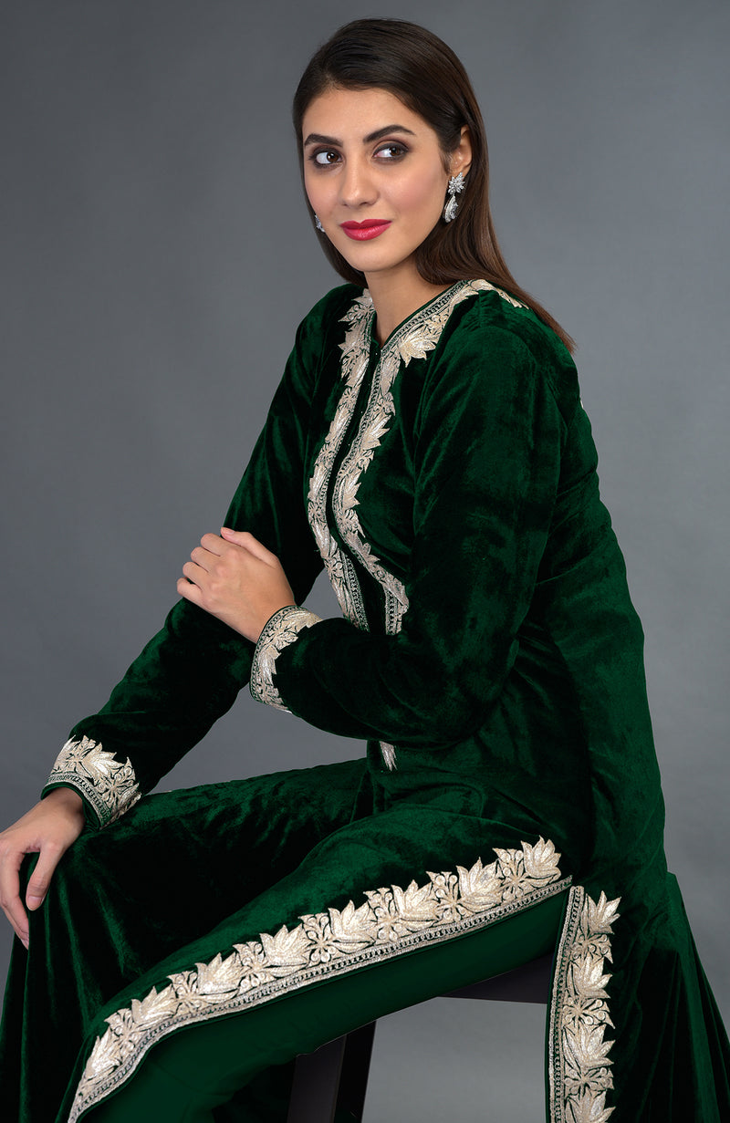 Kashmir Inspired Silver Tilla Embroidered Emerald Green Suit