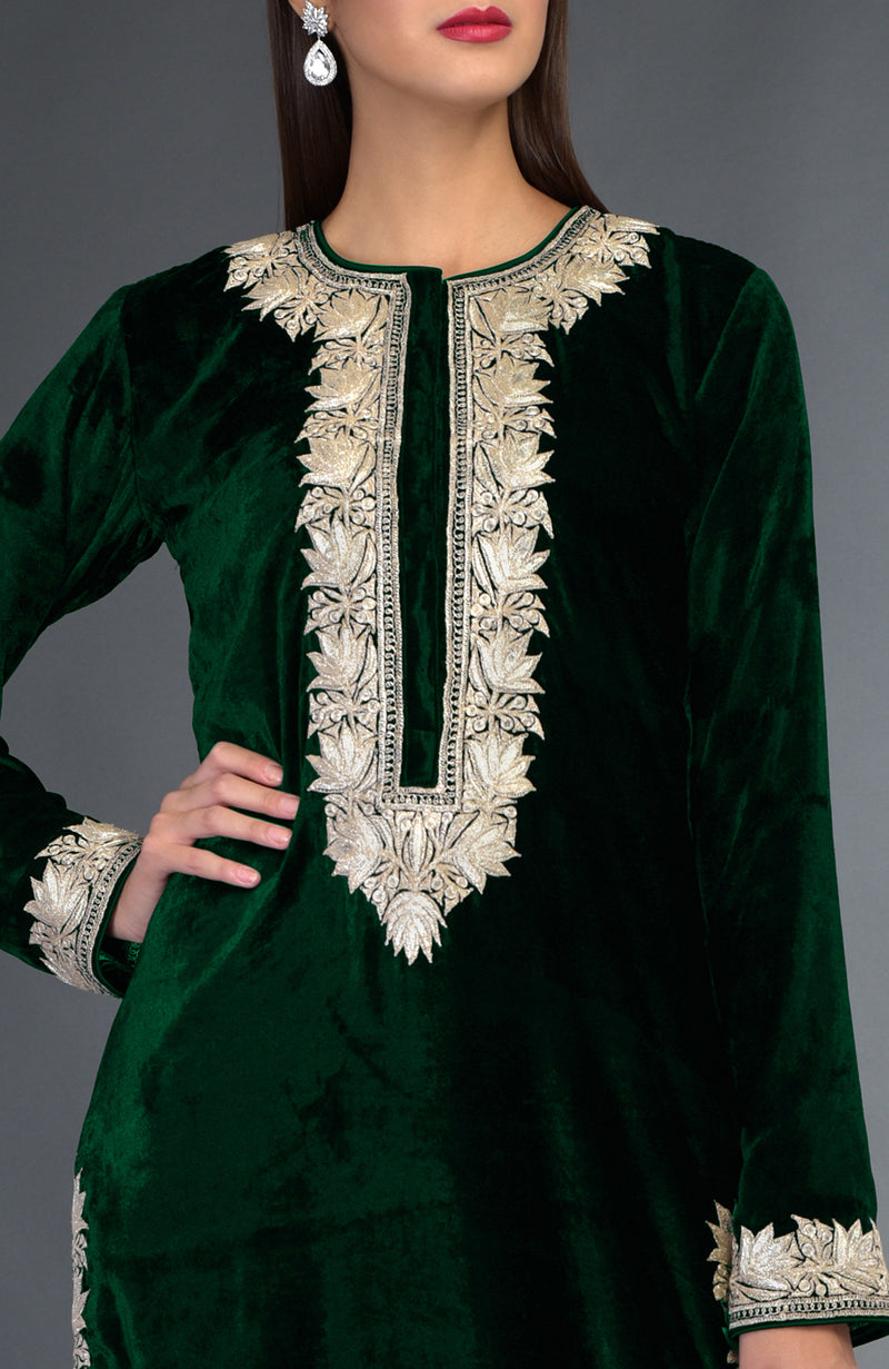 Kashmir Inspired Silver Tilla Embroidered Emerald Green Suit