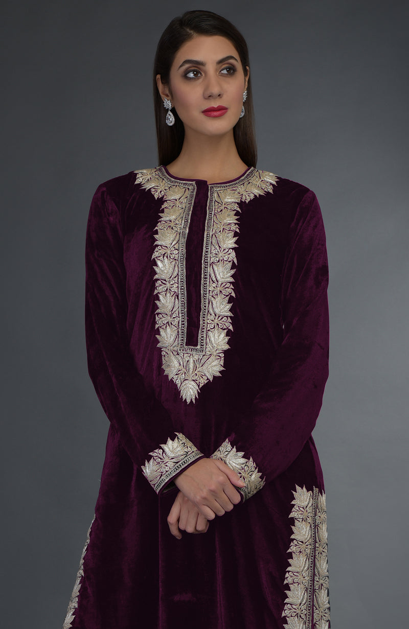 Kashmir Inspired Silver Tilla Embroidered Plum Suit