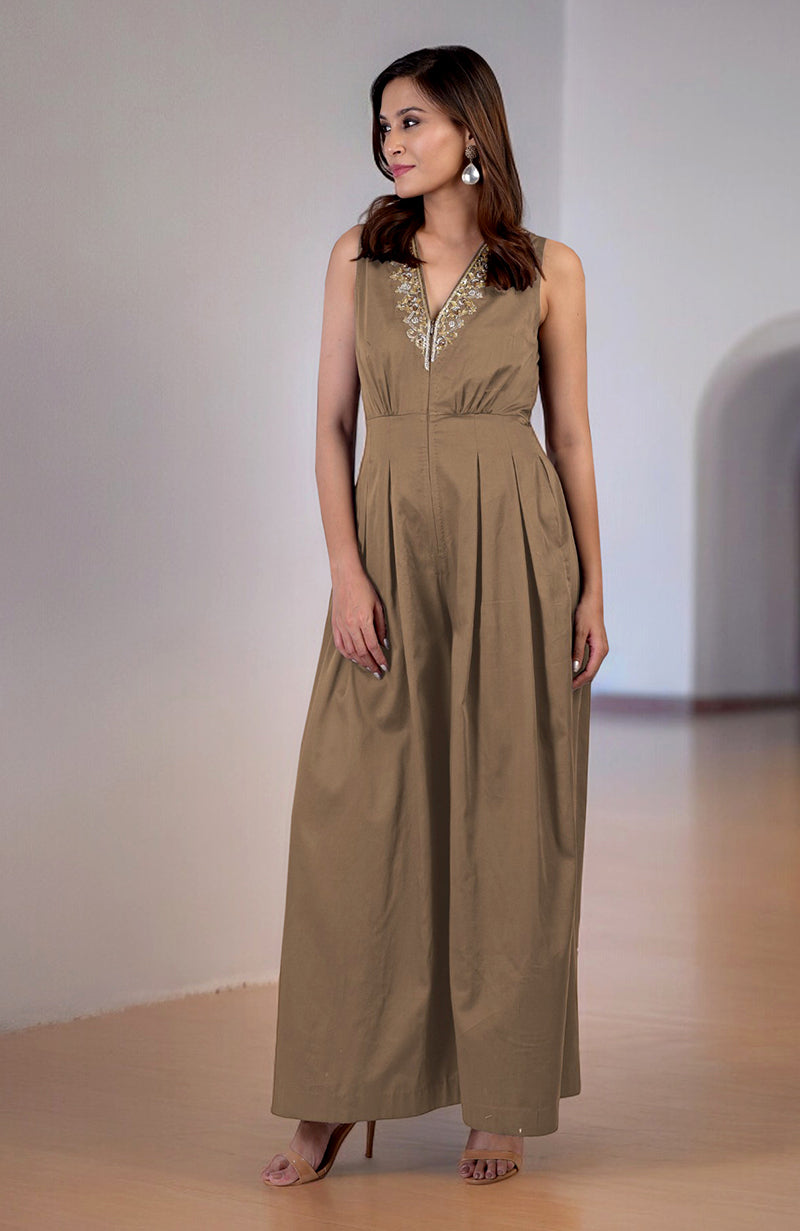 Green Moss Gold Tilla Hand Embroidered Jumpsuit