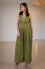 Green Moss Gold Tilla Hand Embroidered Jumpsuit