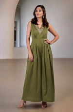 Green Moss Gold Tilla Hand Embroidered Jumpsuit