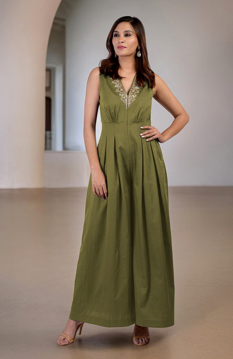 Green Moss Gold Tilla Hand Embroidered Jumpsuit