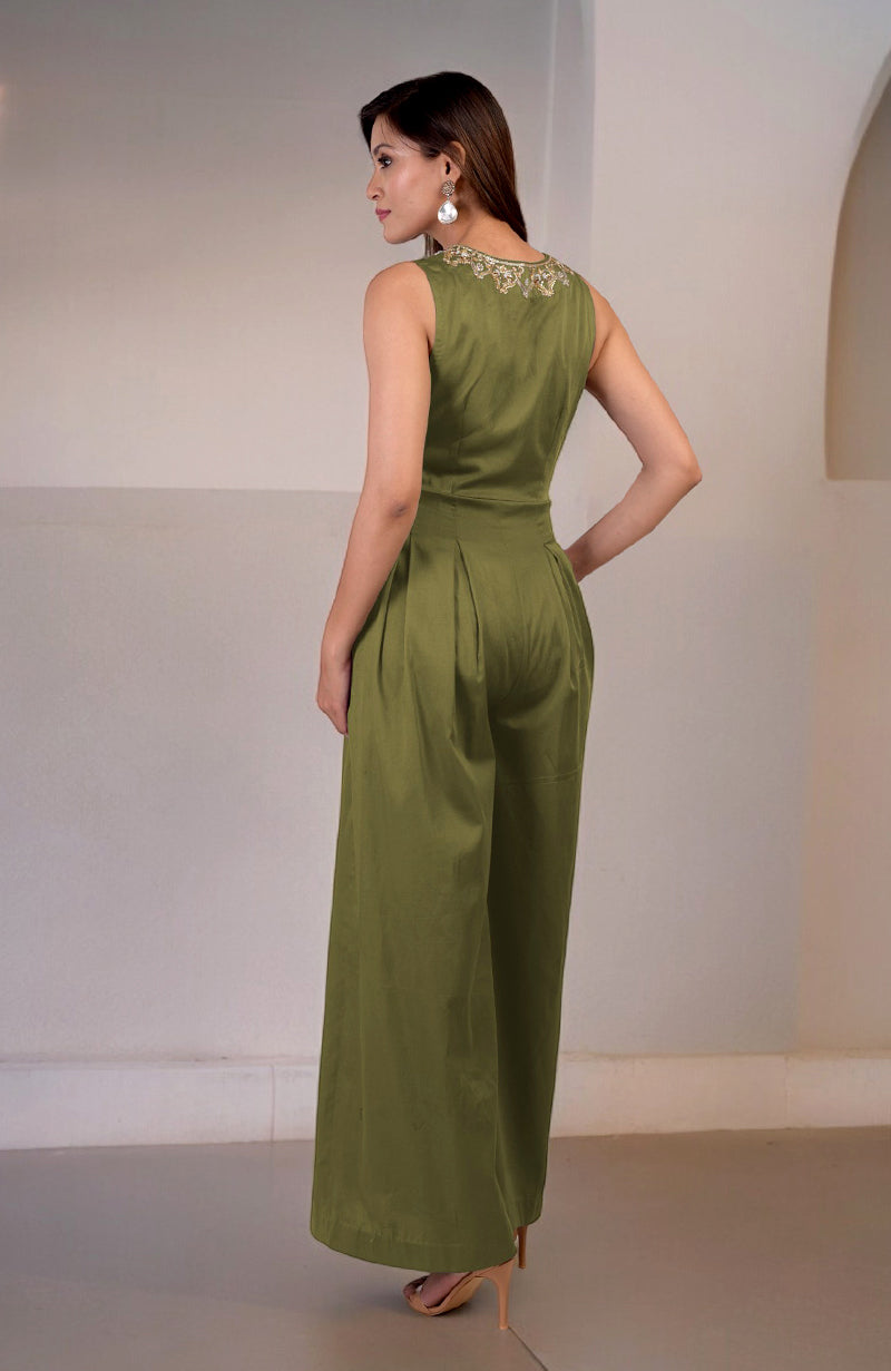 Green Moss Gold Tilla Hand Embroidered Jumpsuit