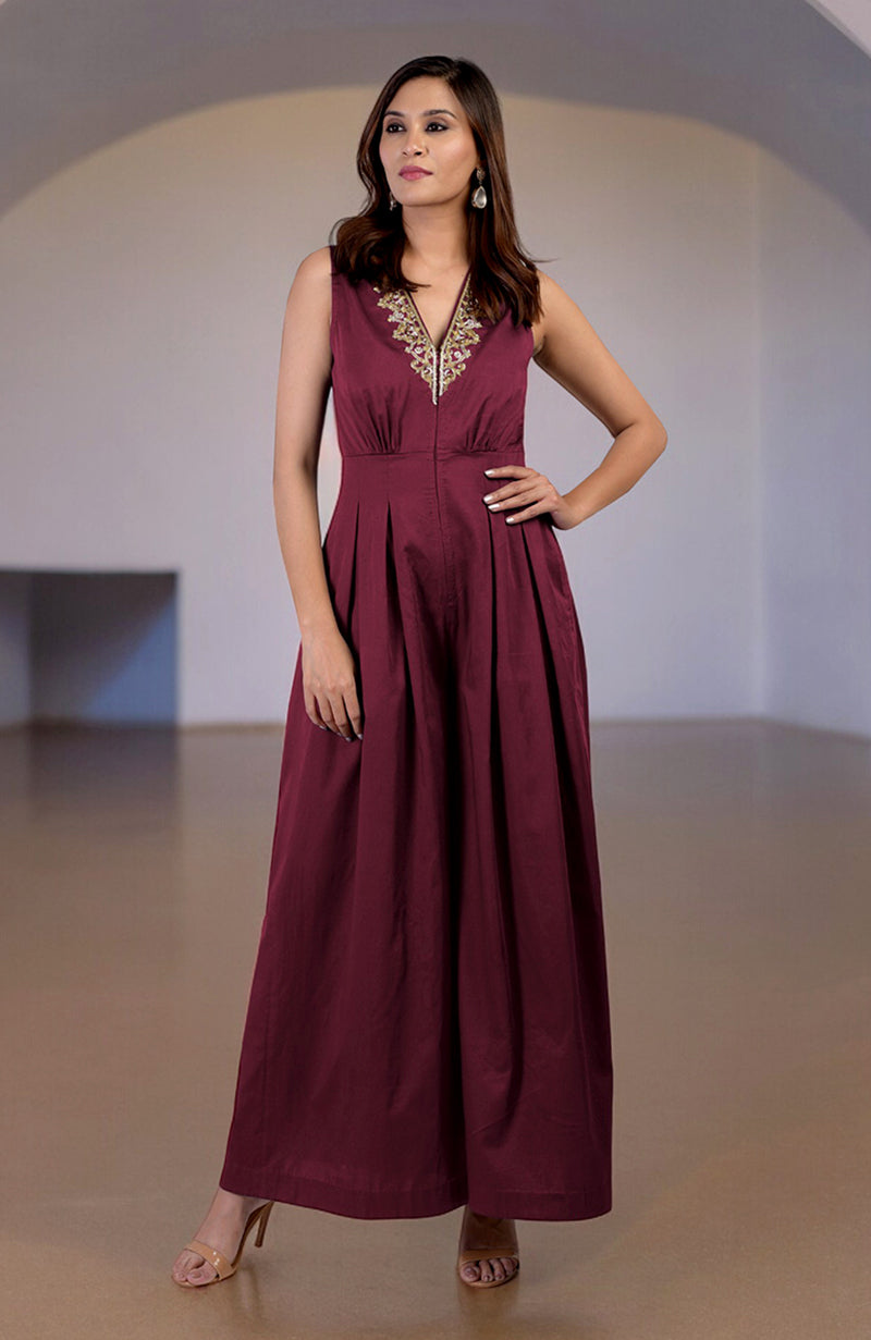 Red Plum Gold Tilla Hand Embroidered Jumpsuit