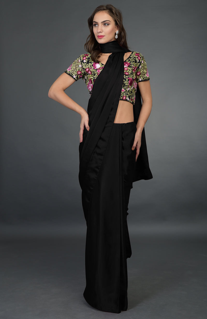 In Full Bloom Black Saree with Floral Embroidered Blouse