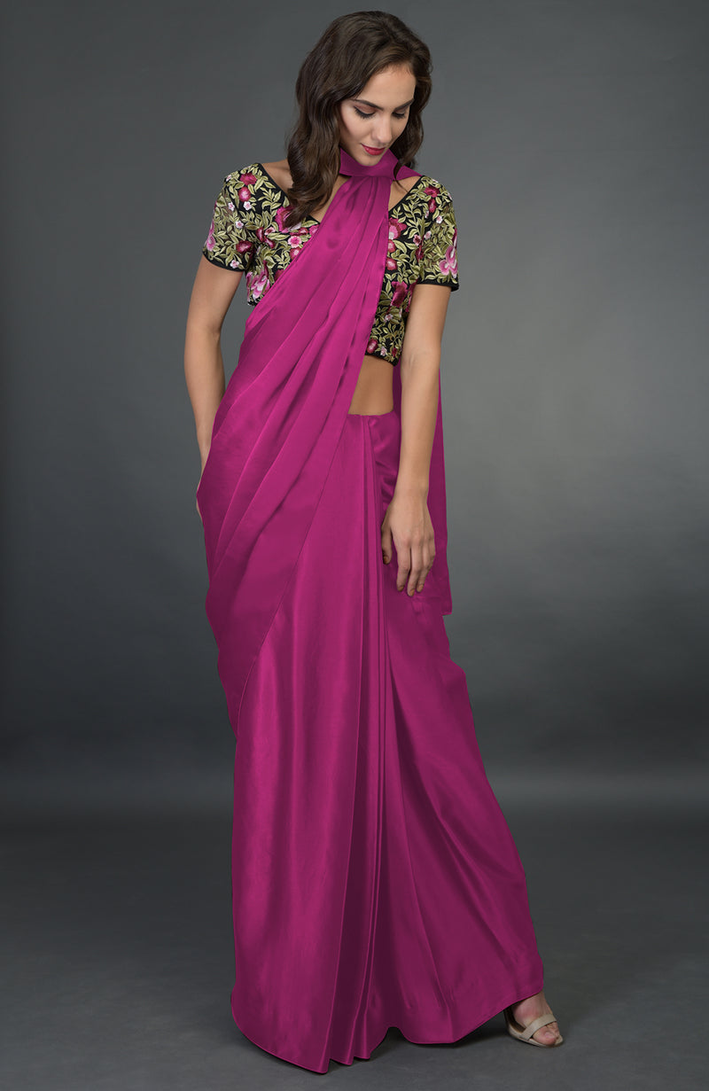 In Full Bloom Raspberry Saree with Floral Embroidered Blouse
