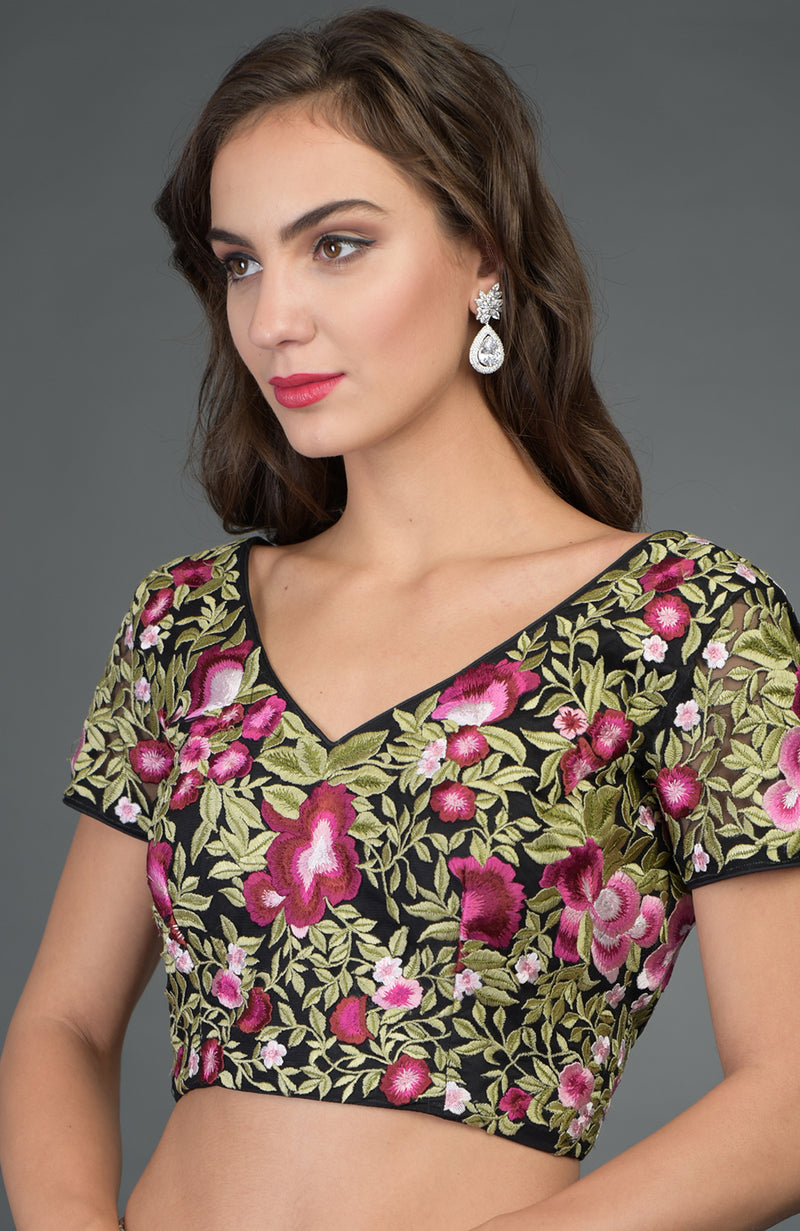In Full Bloom Raspberry Saree with Floral Embroidered Blouse