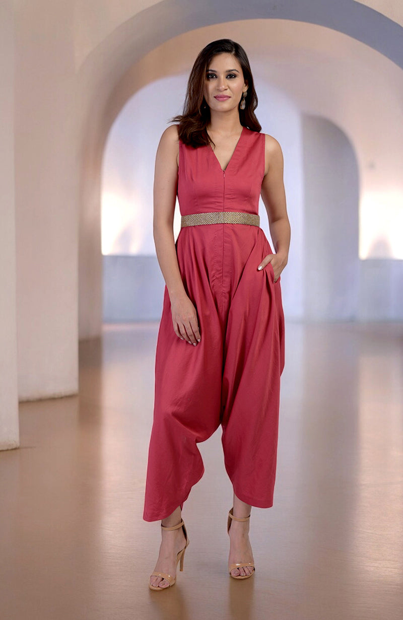Red V-Neck Jumpsuit