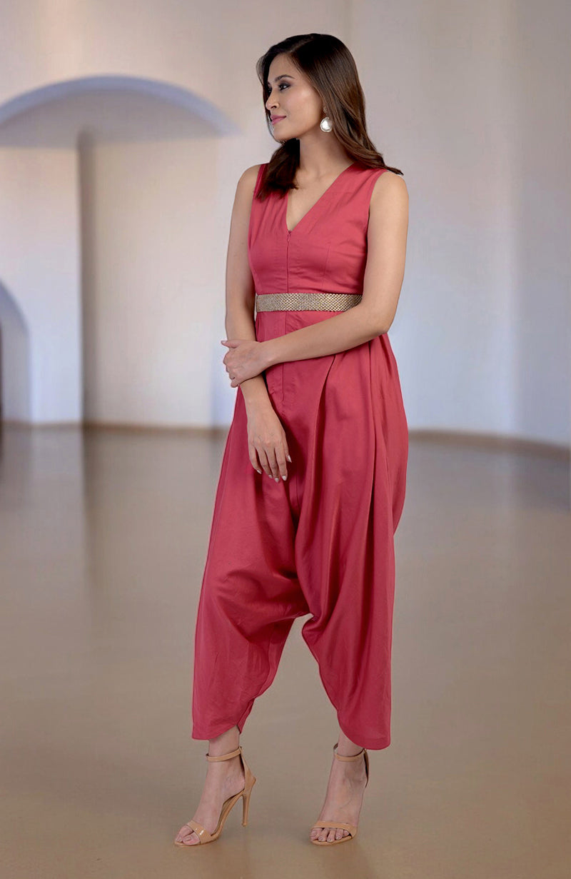 Red V-Neck Jumpsuit
