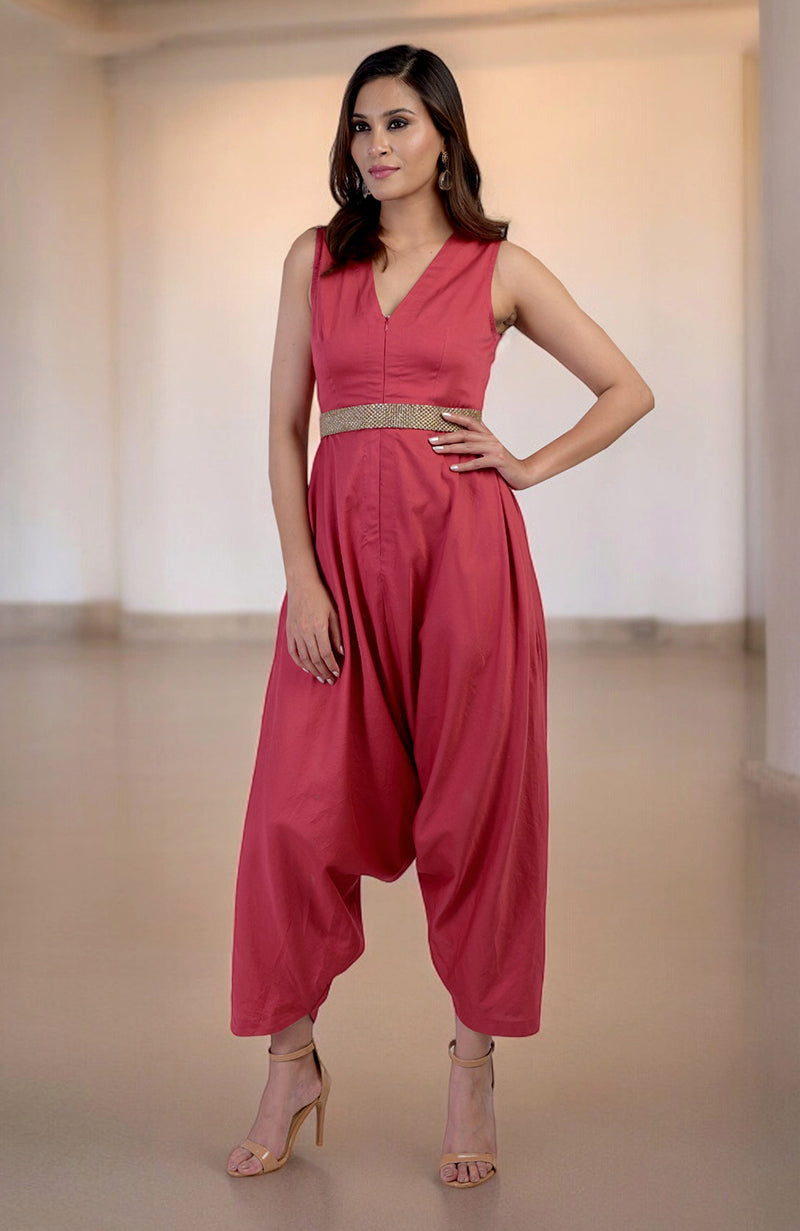 Red V-Neck Jumpsuit