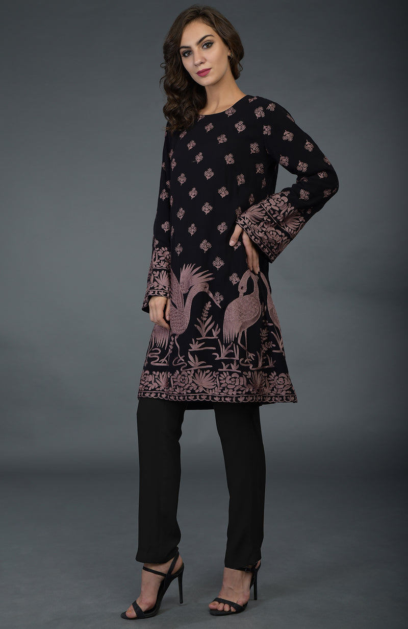 Black-Mauve Parsi Embroidered Tunic Suit