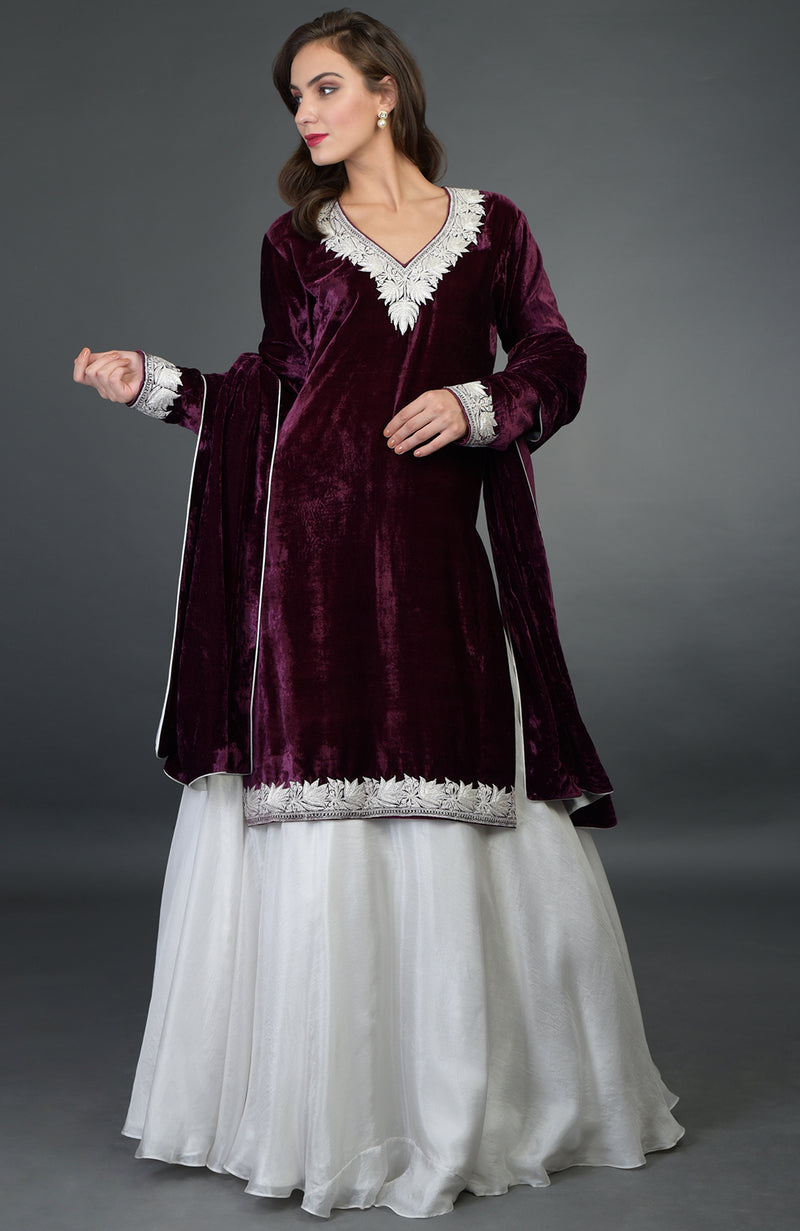 Noor Silk-Velvet Tilla Embroidered Kurta with Skirt and Dupatta