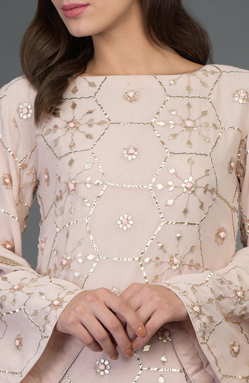 Nude Pink- Rose Gold Gota Patti Work Suit With Dupatta