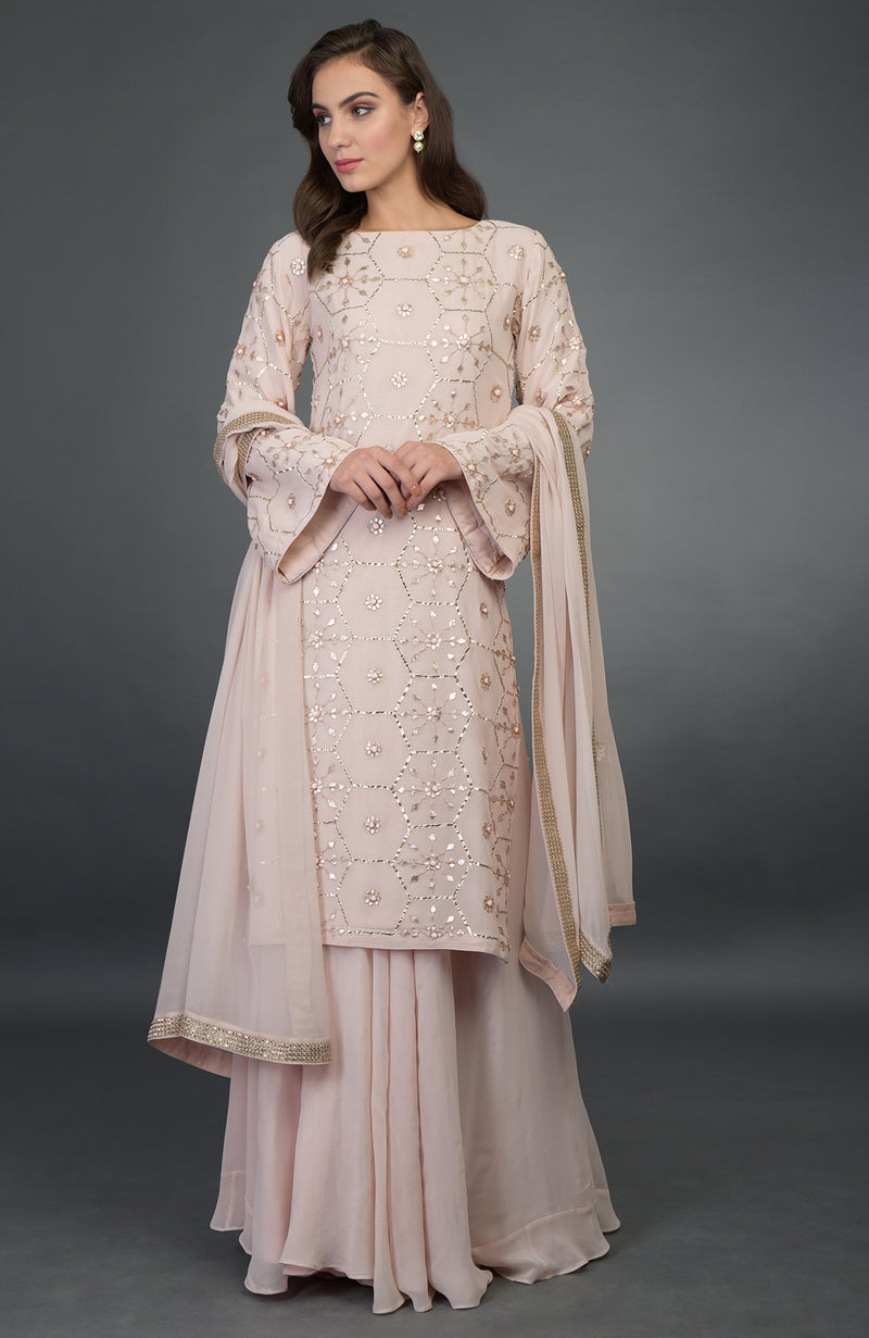 Nude Pink- Rose Gold Gota Patti Work Suit With Dupatta