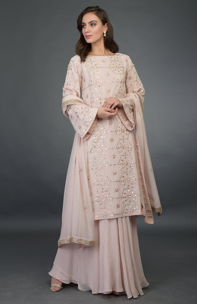Nude Pink- Rose Gold Gota Patti Work Suit With Dupatta