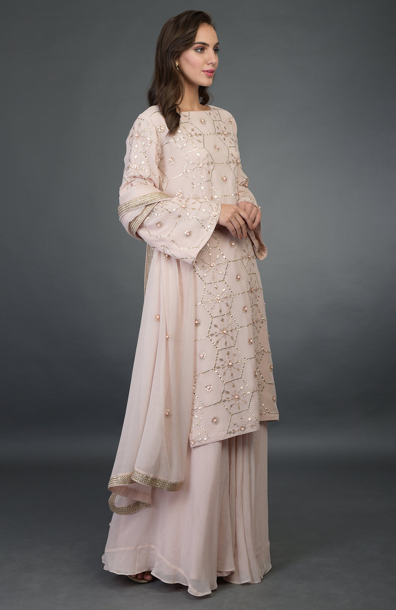 Nude Pink- Rose Gold Gota Patti Work Suit With Dupatta