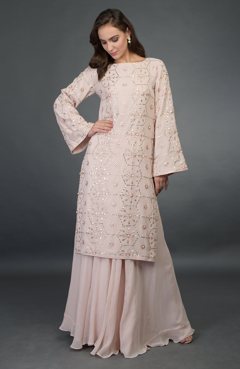 Nude Pink- Rose Gold Gota Patti Work Suit With Dupatta