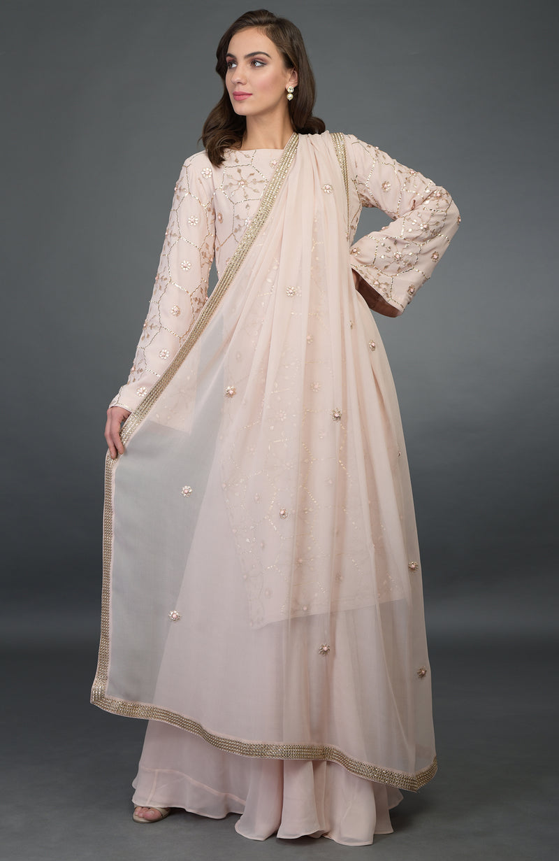 Nude Pink- Rose Gold Gota Patti Work Suit With Dupatta