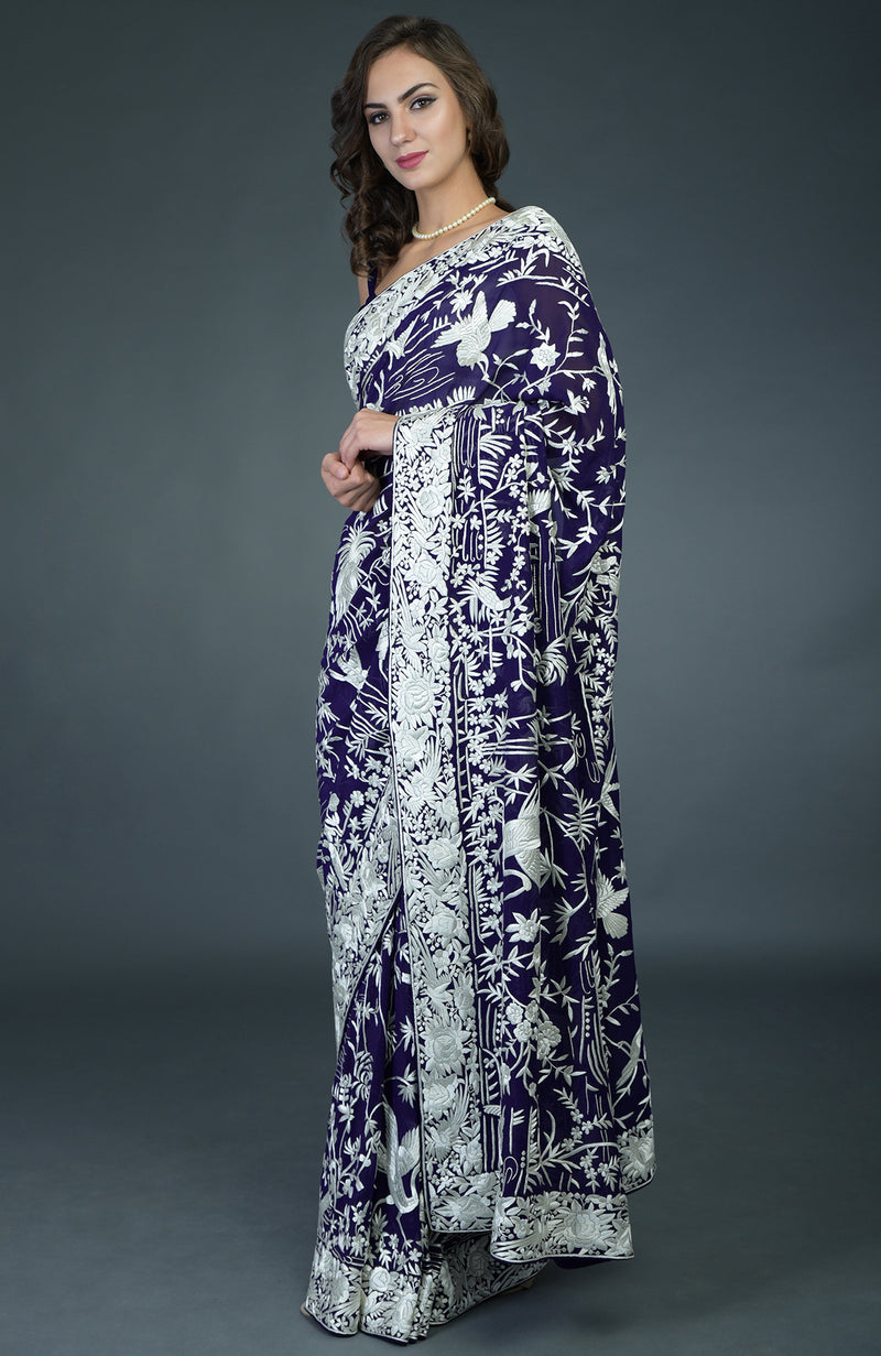 Masterpiece Navy Blue-Ivory Parsi Gara Hand Embroidered Saree