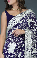 Masterpiece Navy Blue-Ivory Parsi Gara Hand Embroidered Saree