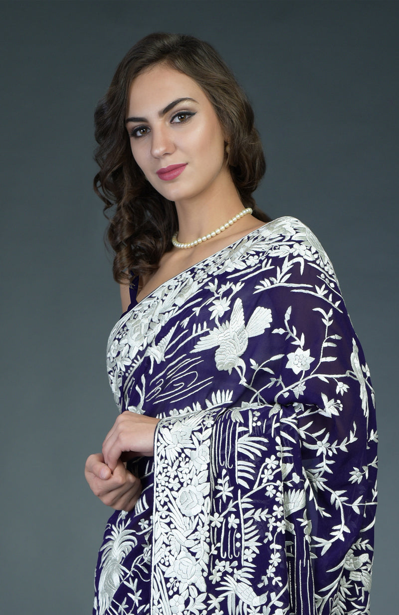 Masterpiece Navy Blue-Ivory Parsi Gara Hand Embroidered Saree