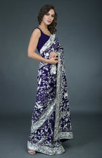 Masterpiece Navy Blue-Ivory Parsi Gara Hand Embroidered Saree