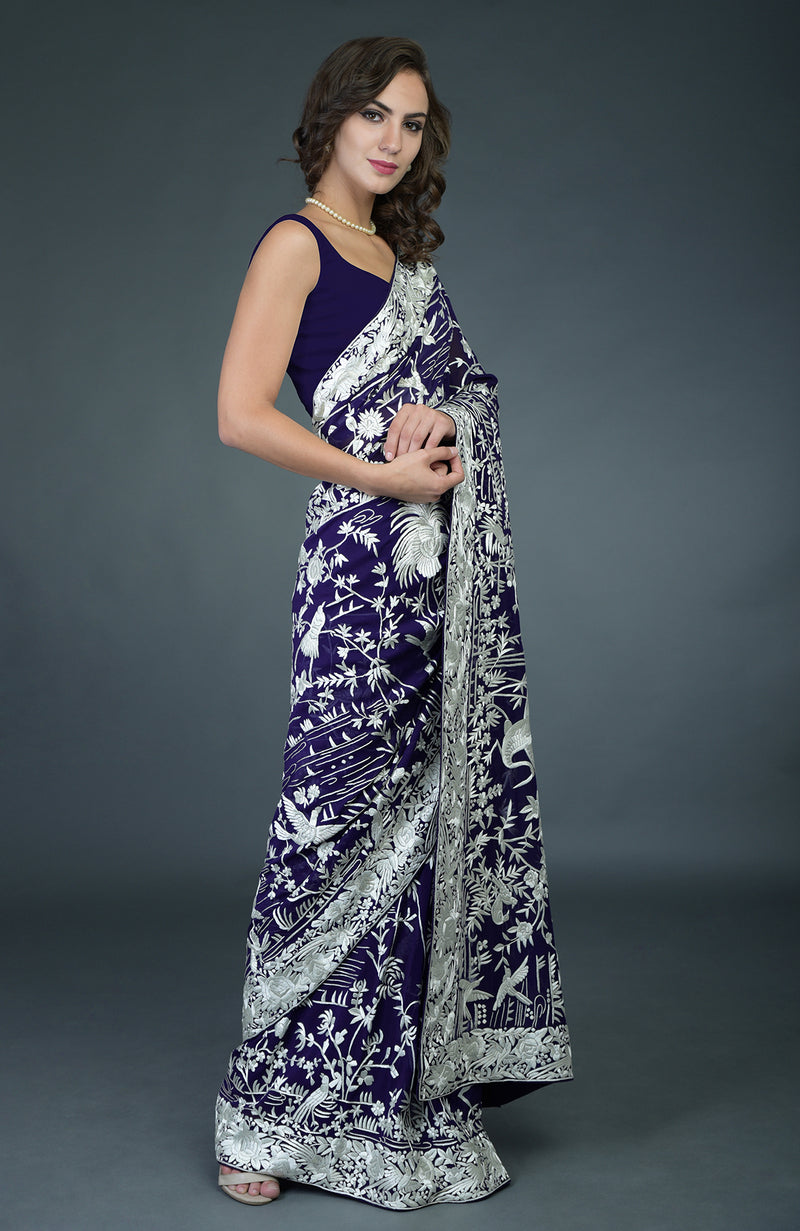 Masterpiece Navy Blue-Ivory Parsi Gara Hand Embroidered Saree