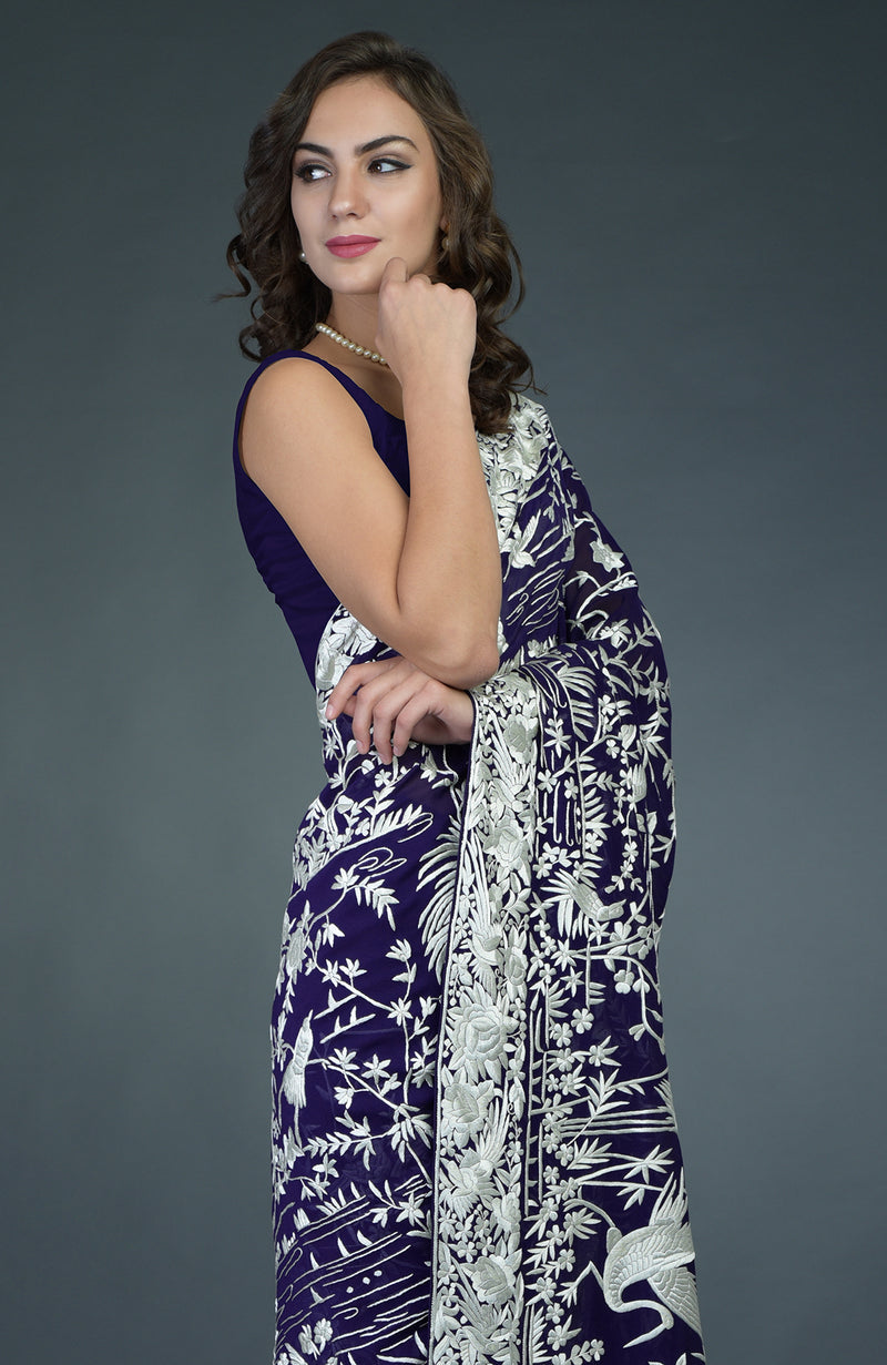 Masterpiece Navy Blue-Ivory Parsi Gara Hand Embroidered Saree