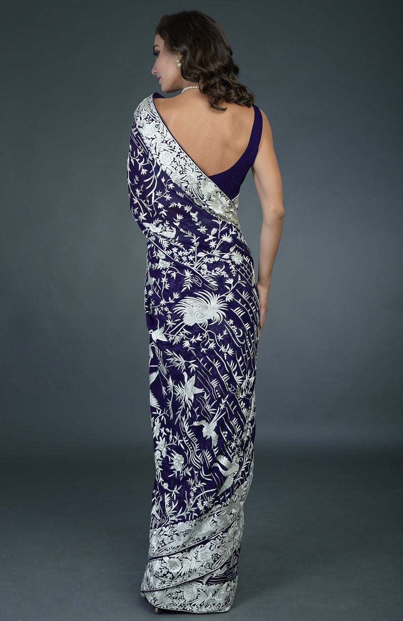 Masterpiece Navy Blue-Ivory Parsi Gara Hand Embroidered Saree