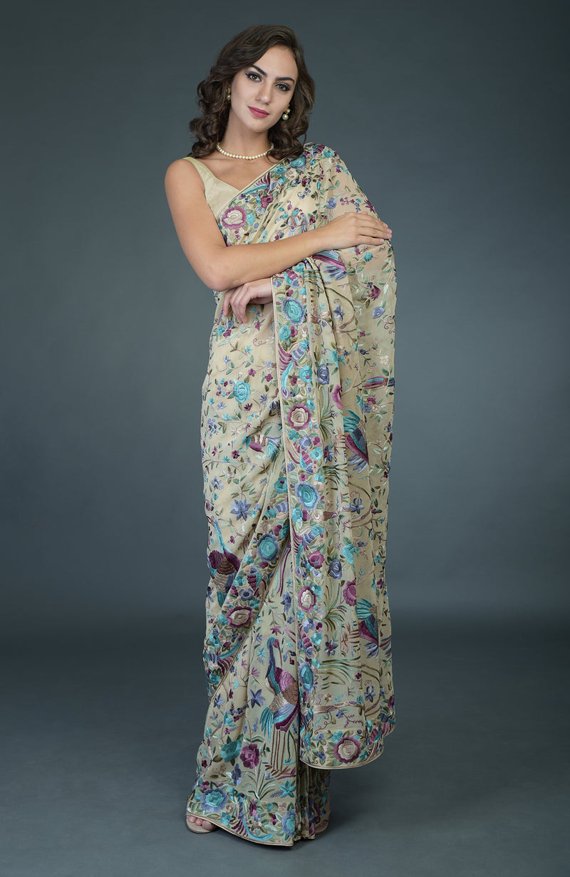 Masterpiece Fawn Parsi Gara Hand Embroidered Saree