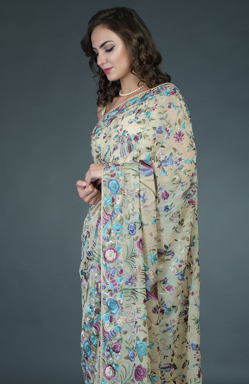 Masterpiece Fawn Parsi Gara Hand Embroidered Saree