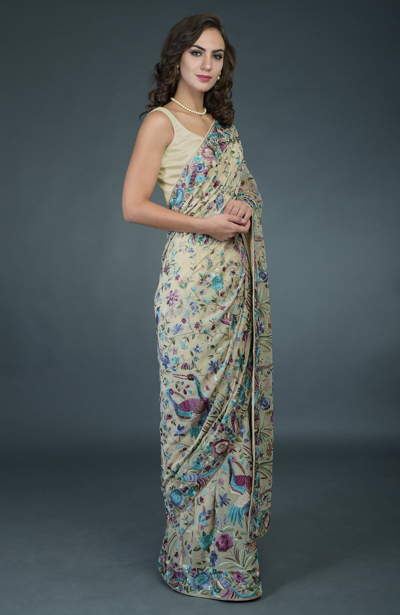 Masterpiece Fawn Parsi Gara Hand Embroidered Saree
