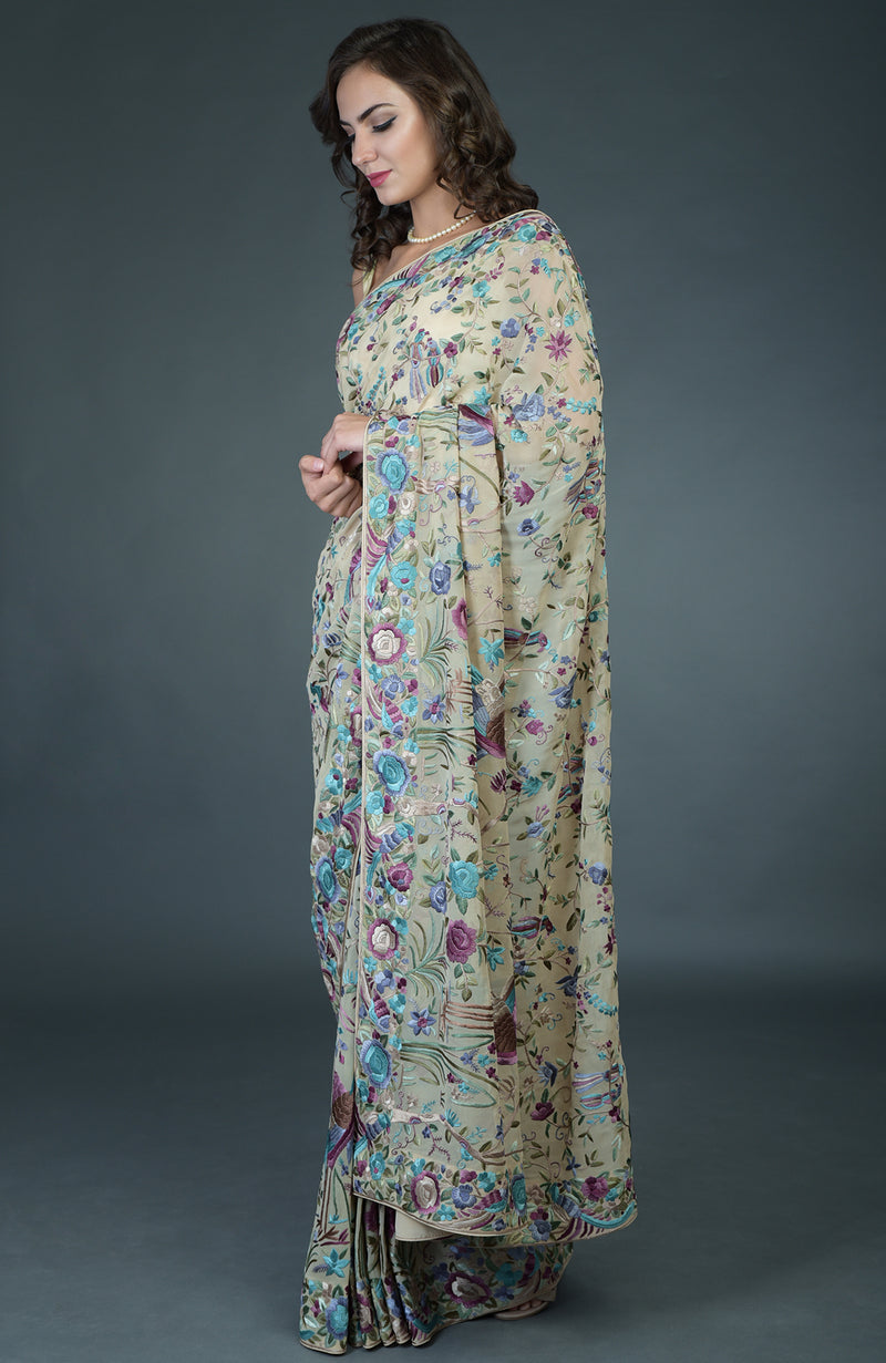 Masterpiece Fawn Parsi Gara Hand Embroidered Saree