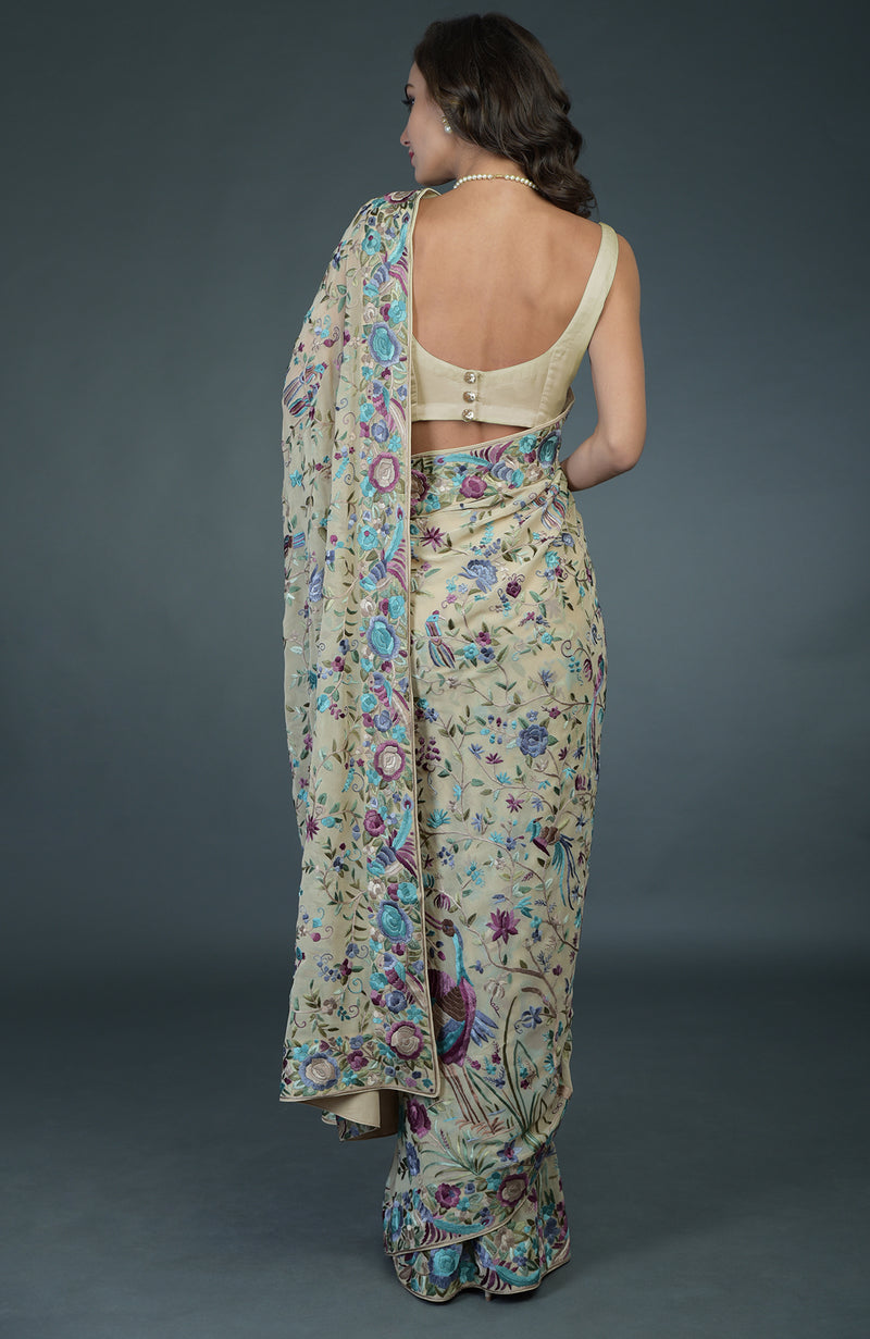Masterpiece Fawn Parsi Gara Hand Embroidered Saree