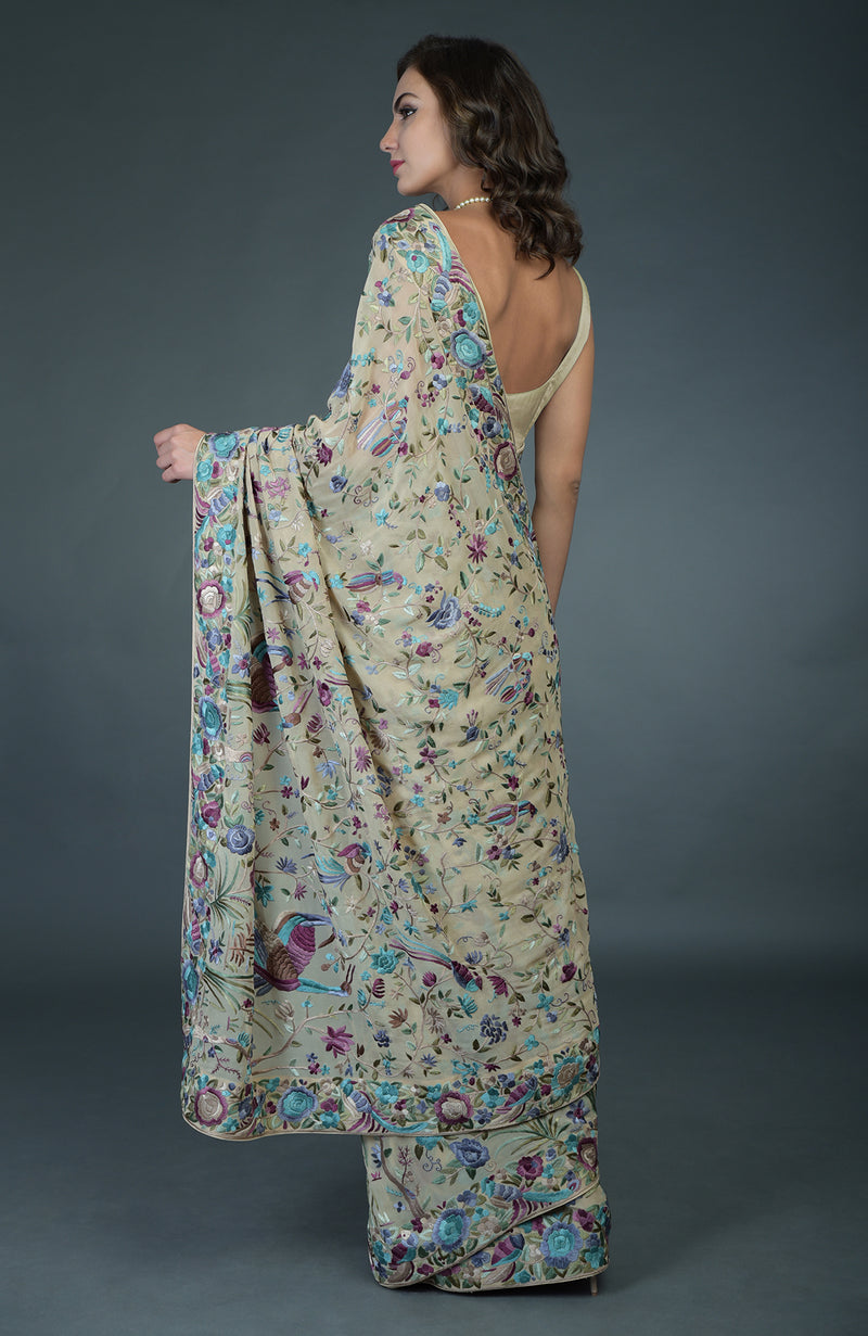 Masterpiece Fawn Parsi Gara Hand Embroidered Saree