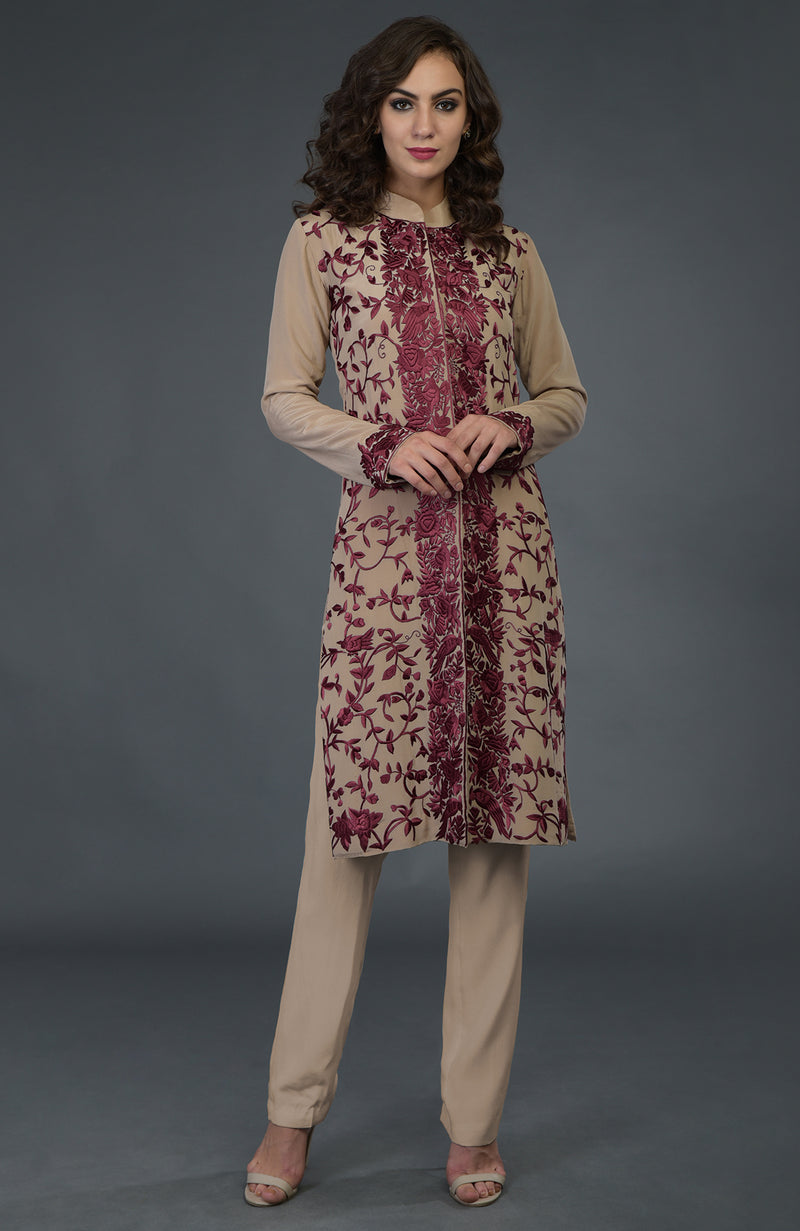 Fawn-Wine Parsi Gara Jacket Set