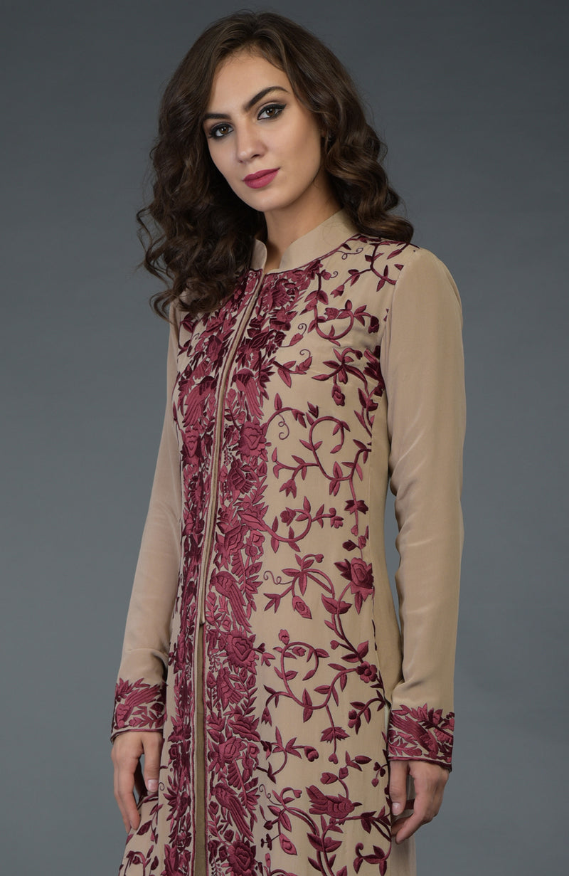 Fawn-Wine Parsi Gara Jacket Set