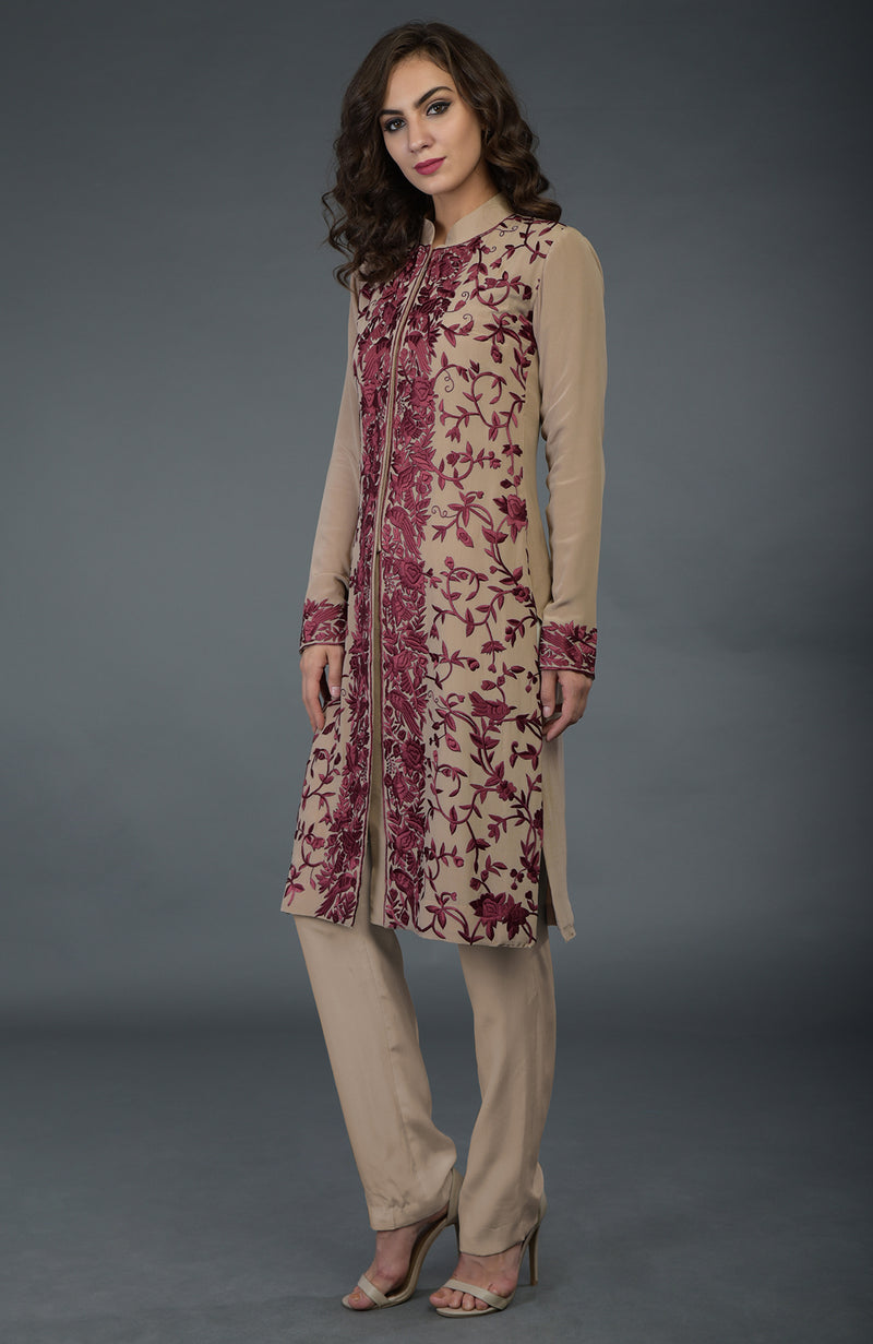 Fawn-Wine Parsi Gara Jacket Set
