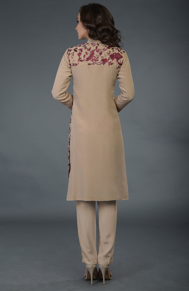 Fawn-Wine Parsi Gara Jacket Set
