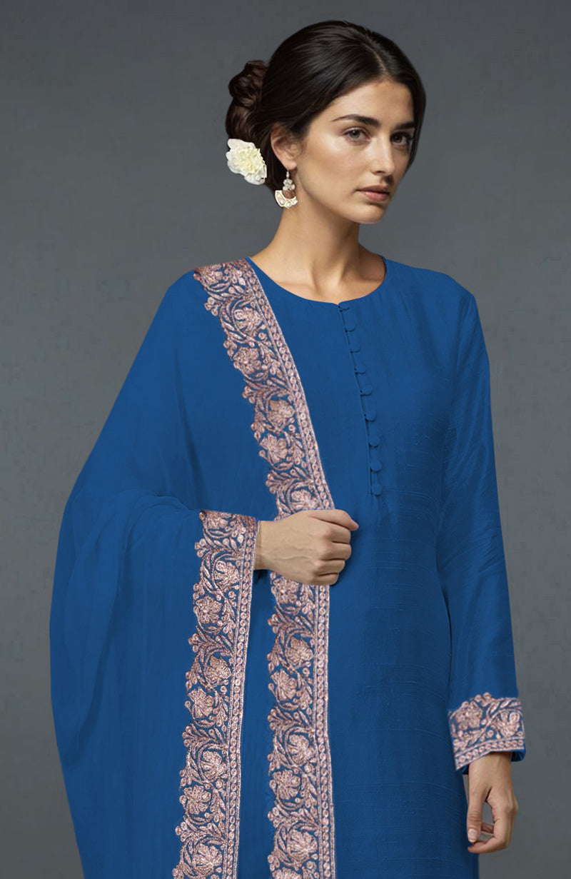 Imperial Blue Kashmiri Tilla Embroidered Suit